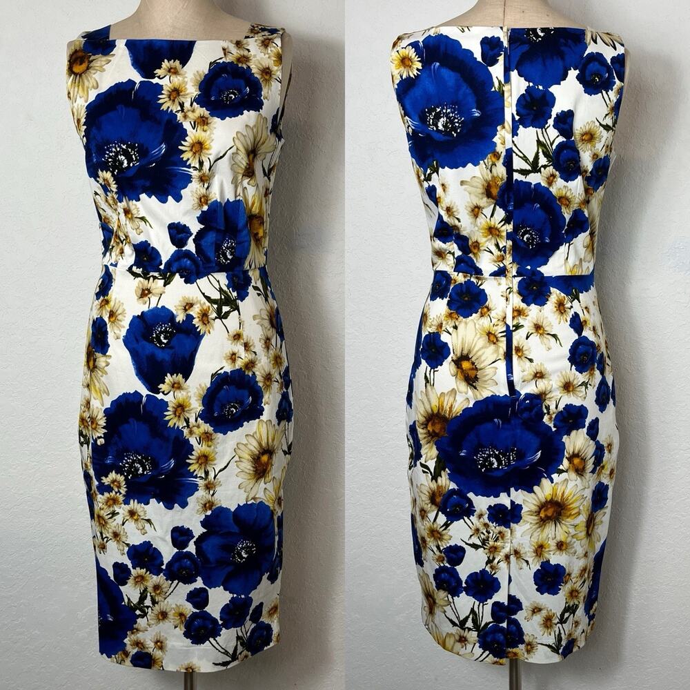 SAMANTHA SUNG White Midi Dress with Bold Royal Blue and Gold Floral Print